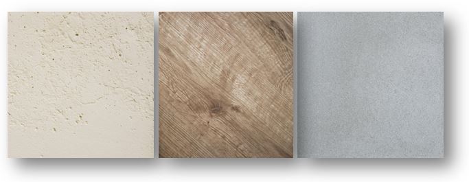 Trois image de matières, la pierre, le bois et le béton.