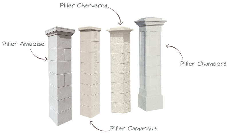 Différents piliers vieille pierre, Pilier Amboise, Pilier Camargue, Pilier Cheverny, Pilier Chambord WESER