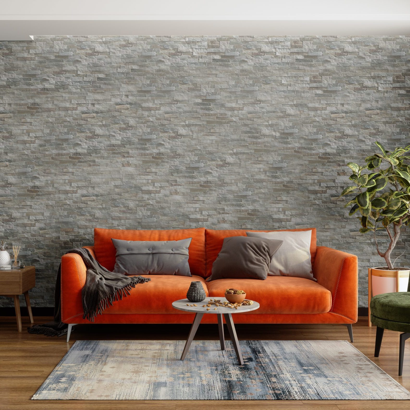 Modern Living Room Interior With Air Conditioner, Orange Sofa And Green Armchair