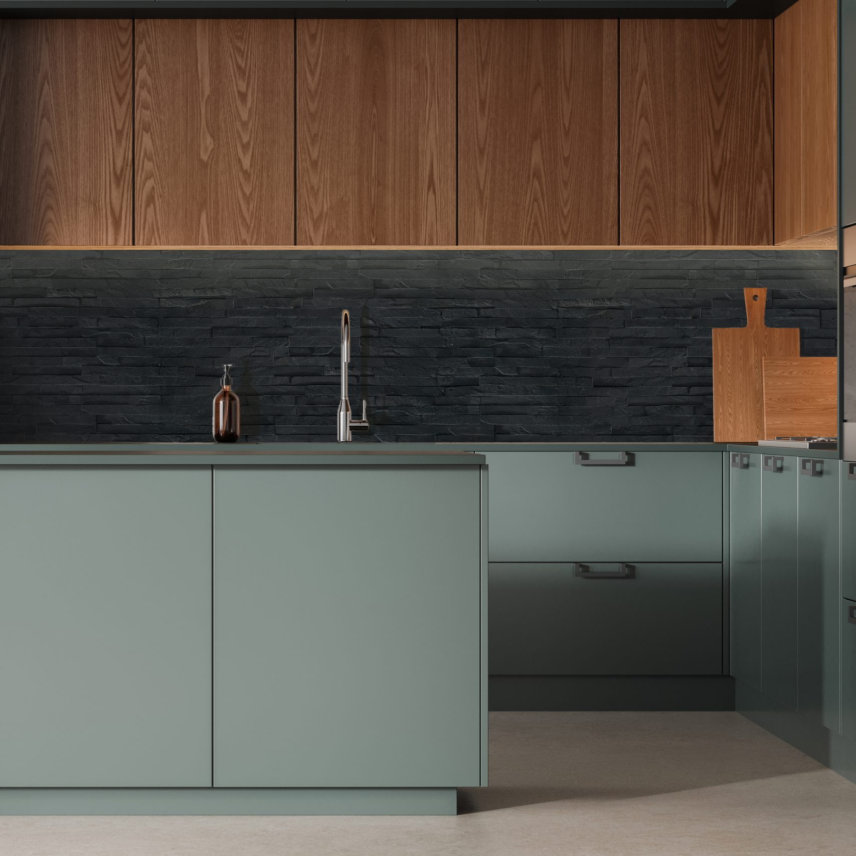 Minimalist home kitchen interior bar island, green and wooden cabinet on concrete floor. Sink, stove and oven with kitchenware. Dark cooking space design in luxury apartment. 3D rendering