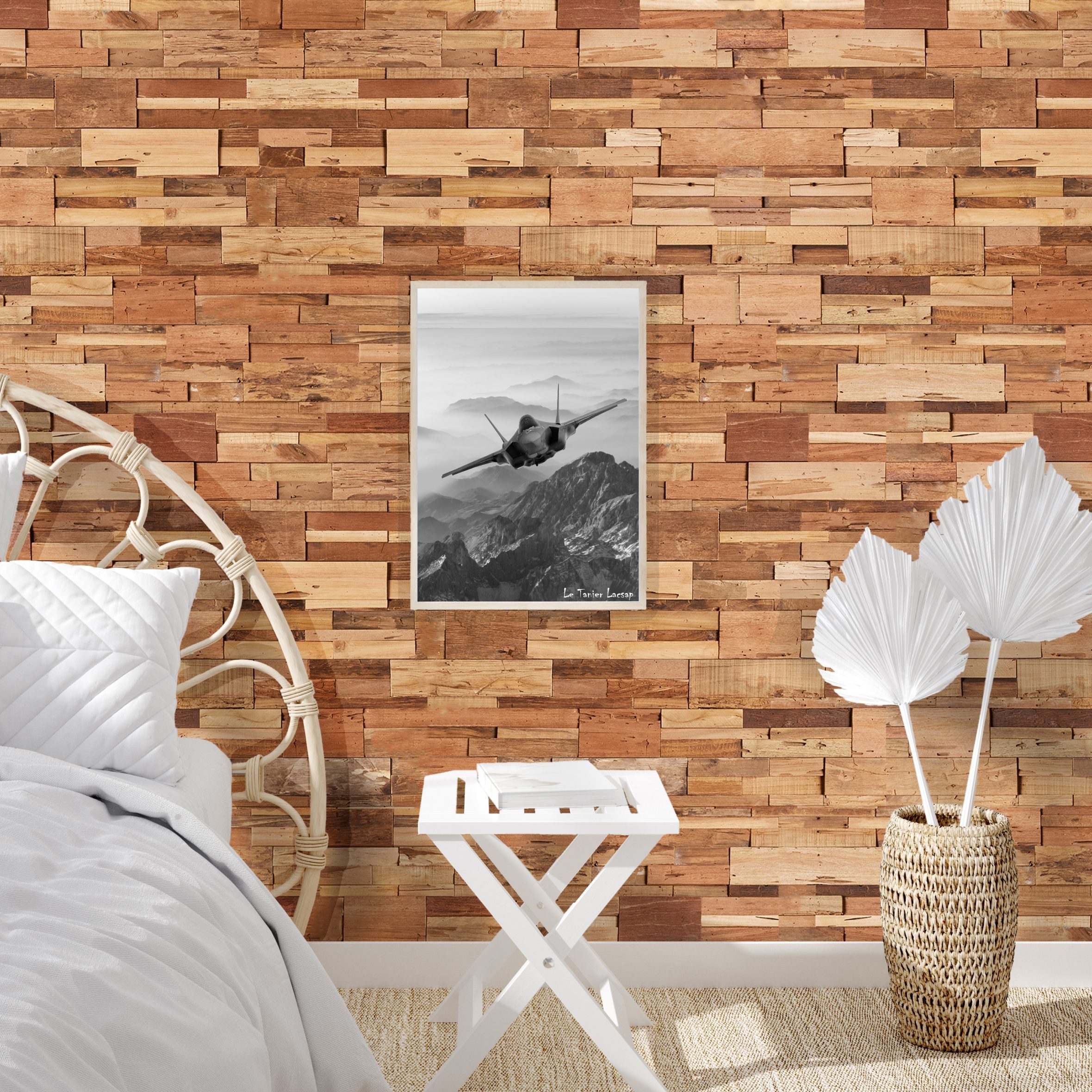 Mockup frame in bedroom interior background, Coastal boho style, 3d render