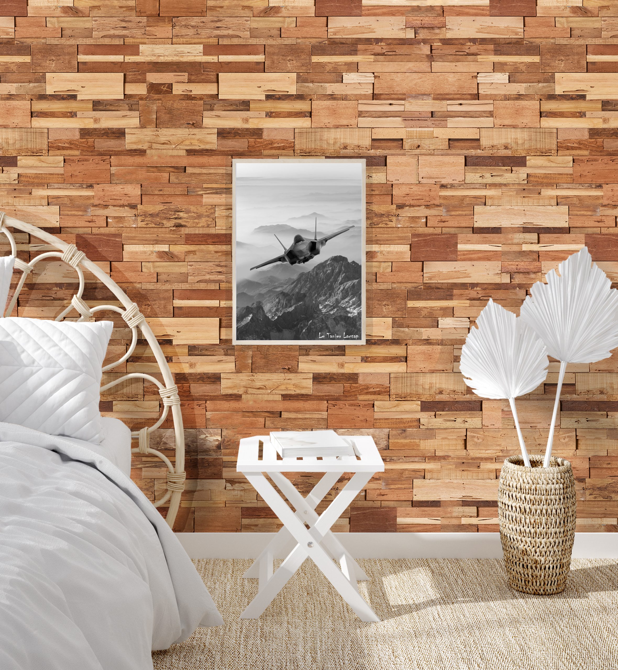 Mockup frame in bedroom interior background, Coastal boho style, 3d render