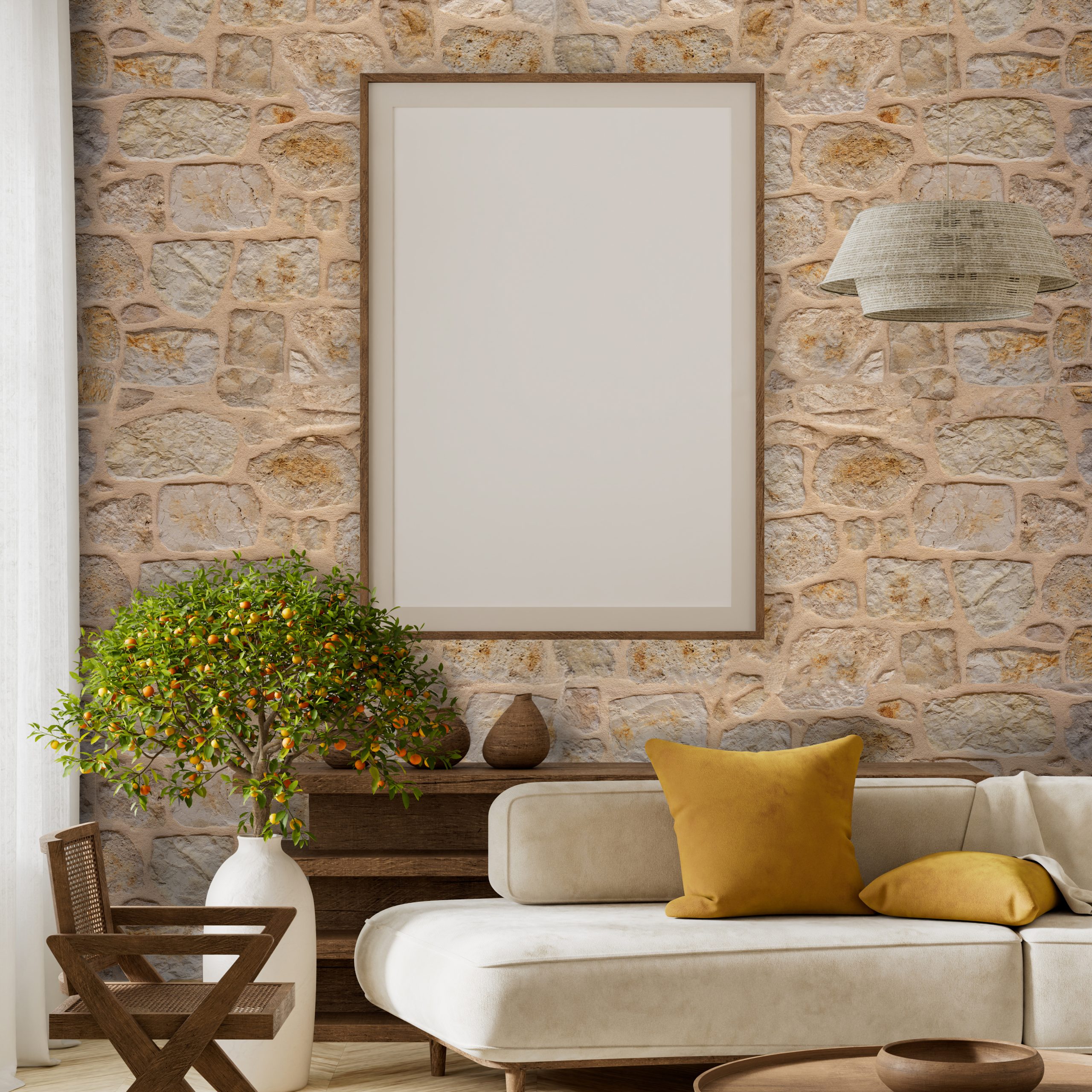 Mock up poster frame in boho style decorated livinig room. Modern, authentic Interior design of living room with wooden furnitures. 3D illustration