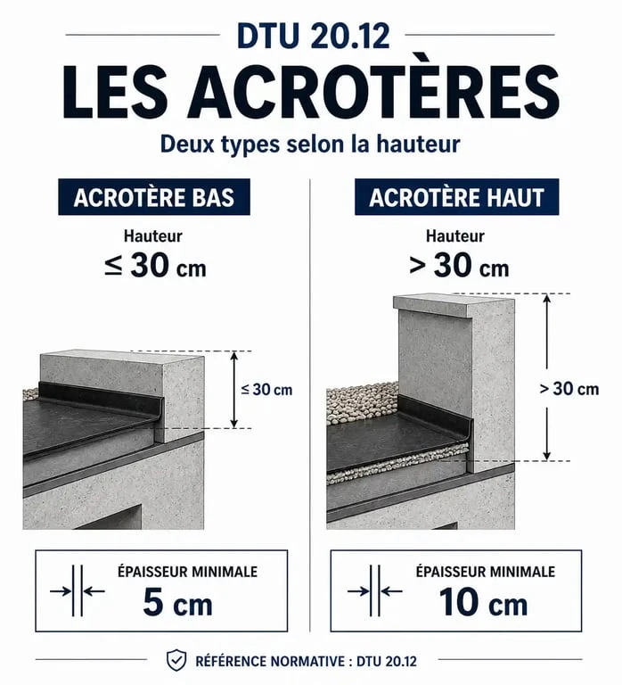 Schéma technique d'un acrotère haut et bas avec relevé d'étanchéité