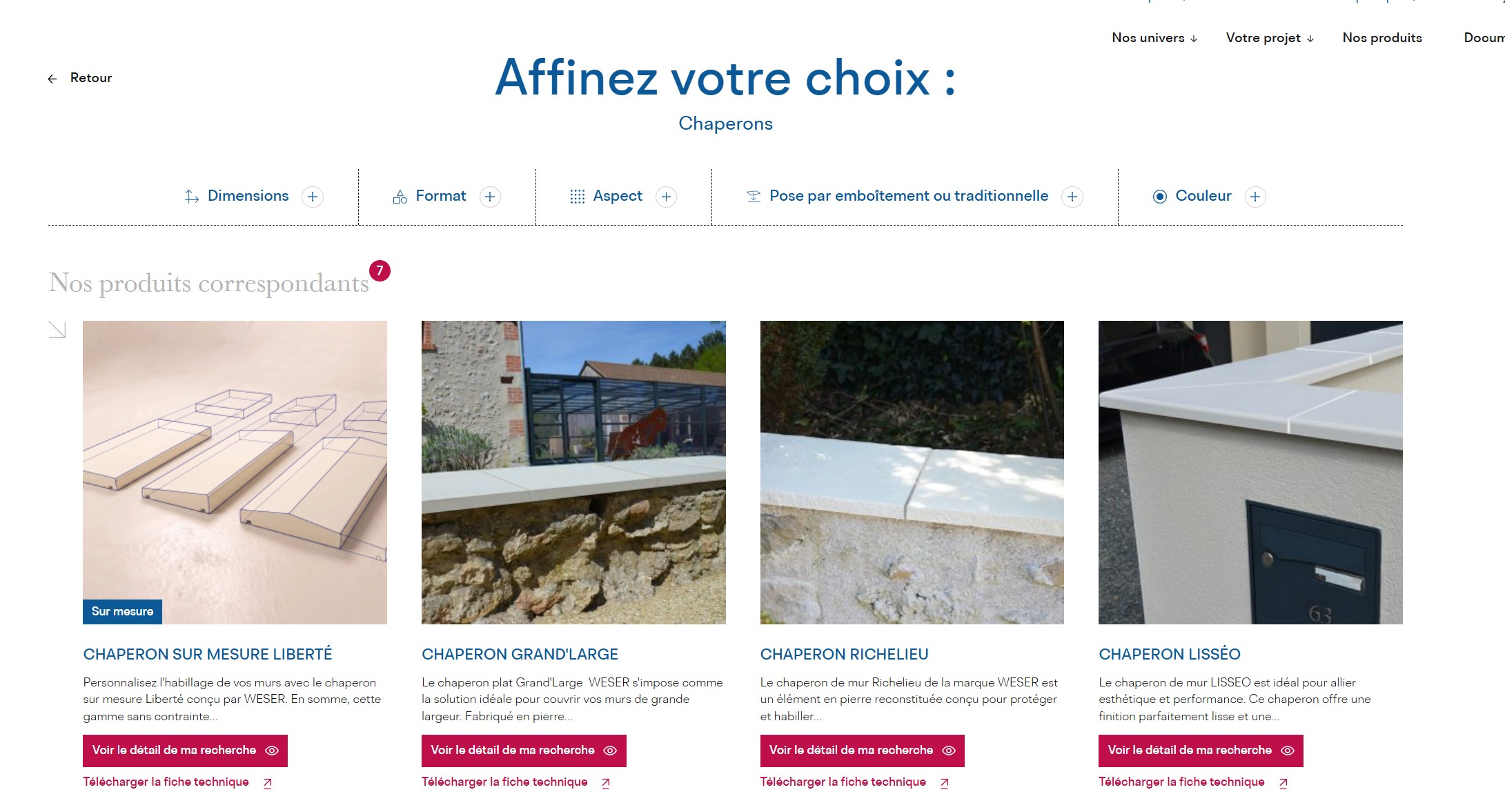 Interface du guide de choix Weser permettant de sélectionner les dimensions, le format et l'aspect d'un chaperon de mur