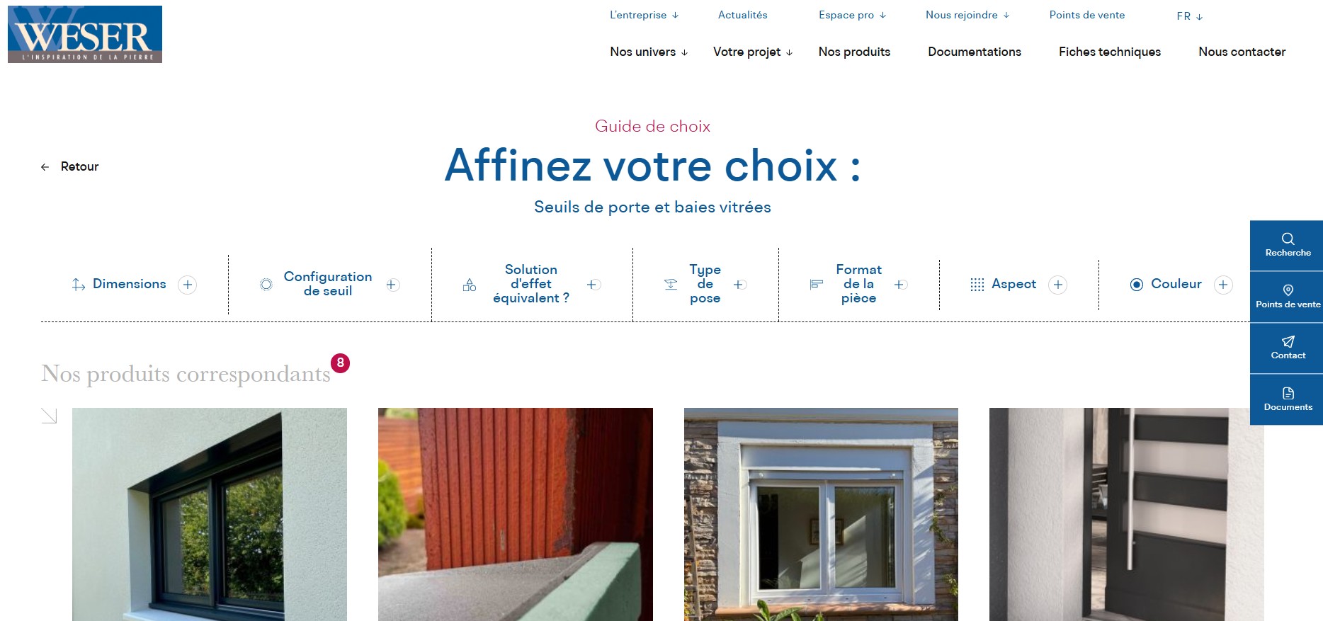 Interface du guide de choix Weser pour trouver le seuil de porte extérieur idéal