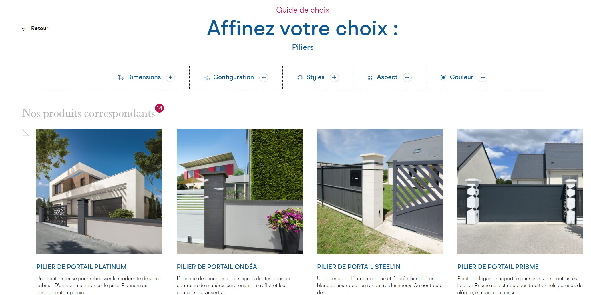Interface du guide de choix Weser permettant de configurer un pilier pour portail coulissant Interface du guide de choix Weser permettant de configurer les dimensions et l'aspect pour monter des piliers de portail battant